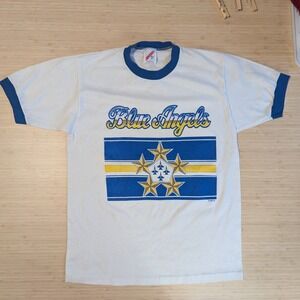 Vintage Jerzees‎ Blue Angels Ringer T Shirt White Blue M Made in USA